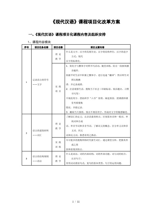 《现代汉语》项目化课程设计方案