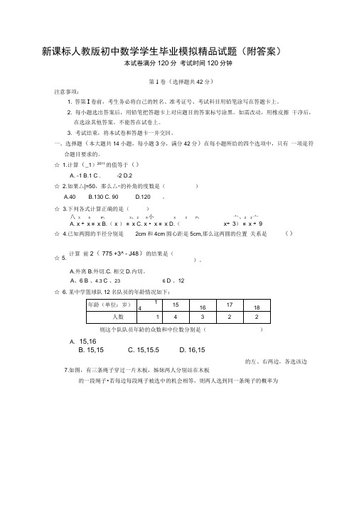 新课标人教版初中数学学生毕业模拟精品试题(附答案)