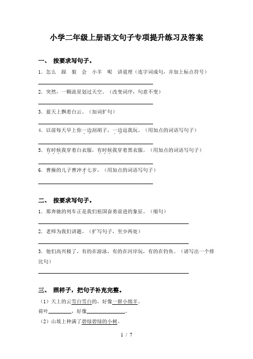 小学二年级上册语文句子专项提升练习及答案