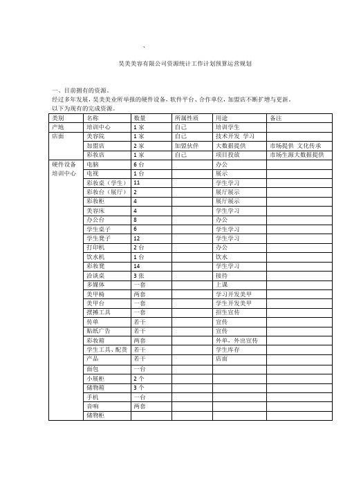 美美容有限公司资源统计工作计划预算运营规划 Microsoft Word 97 - 2003 文档