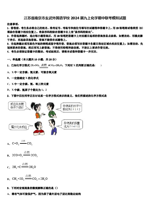 江苏省南京市玄武外国语学校2024届九上化学期中联考模拟试题含解析