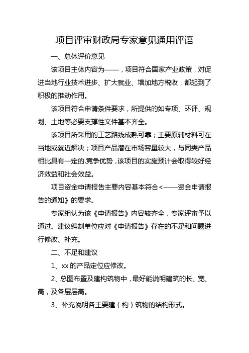 项目评审财政局专家意见通用评语