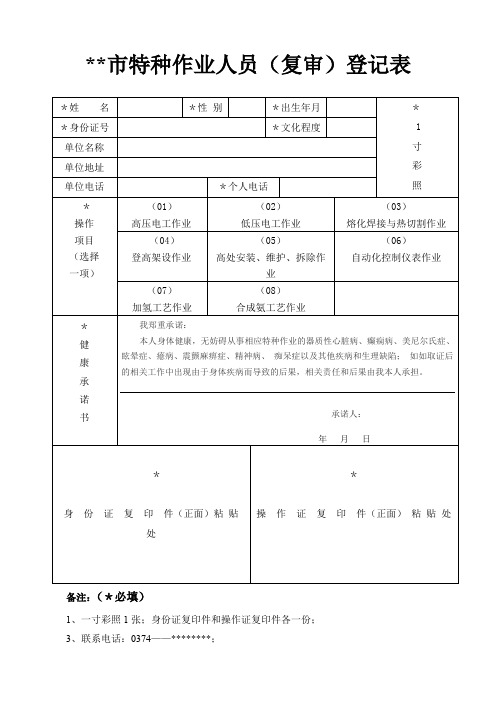 XX市特种作业人员(复审)登记表【模板】