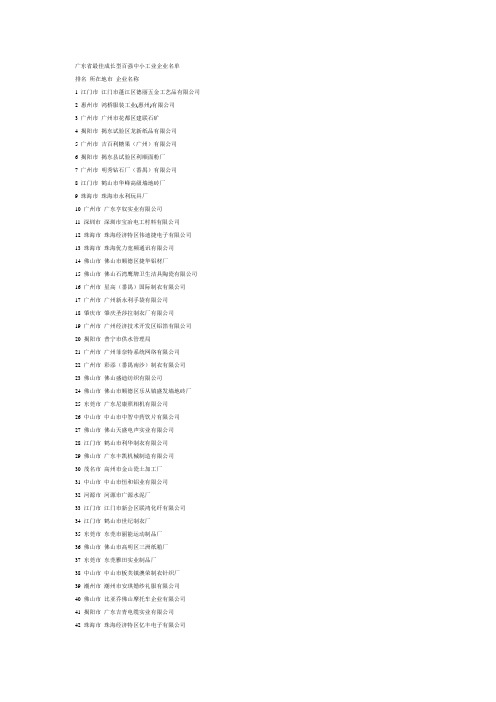 广东省最佳成长型百强中小工业企业名单
