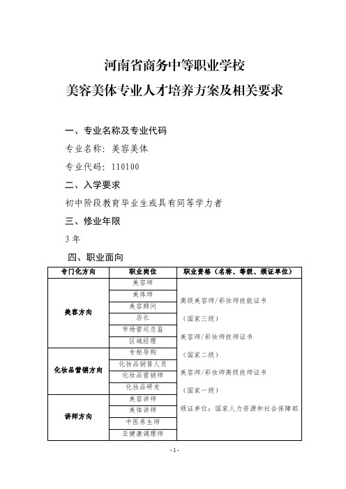 河南省商务中等职业学校美容美体专业人才培养方案及相关要