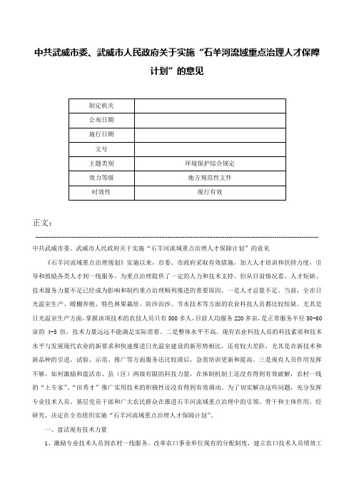 中共武威市委、武威市人民政府关于实施“石羊河流域重点治理人才保障计划”的意见-