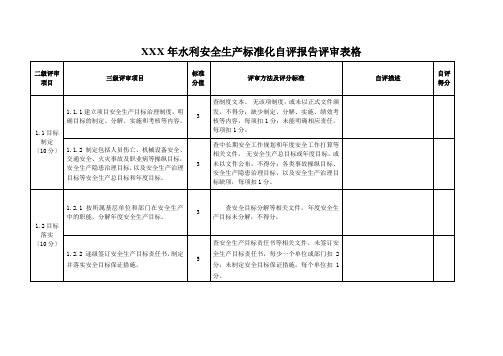 XXX年水利安全生产标准化自评报告评审表格