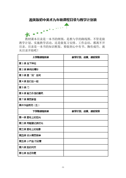 湘美版初中美术九年级课程目录与教学计划表