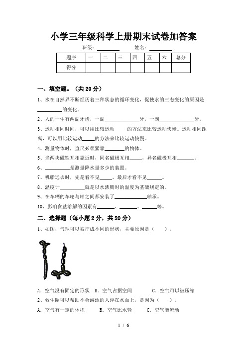 小学三年级科学上册期末试卷加答案