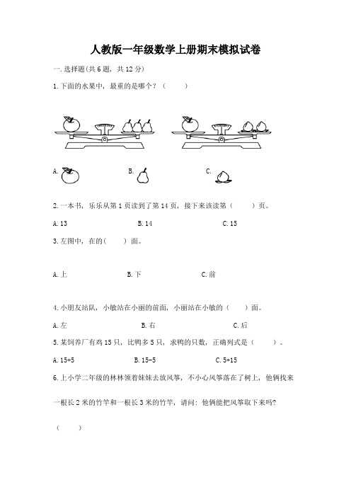 人教版一年级数学上册期末模拟试卷带答案(精练)