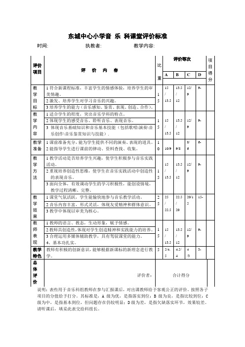 小 学 音 乐  科  课 堂评 价 标 准