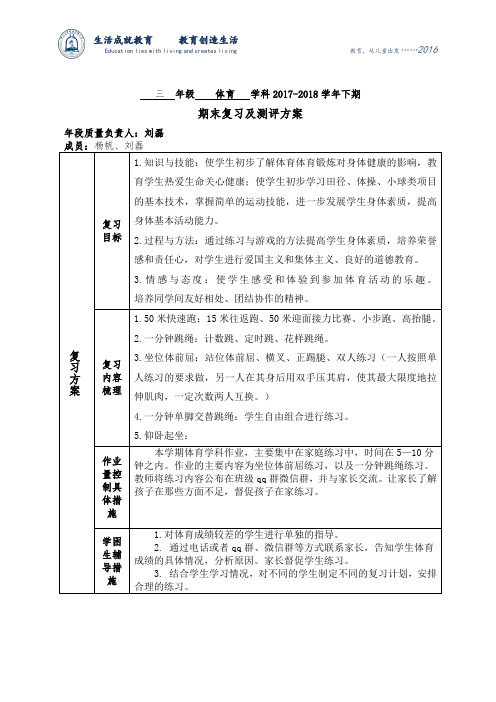 —下学期三级体育期末复习测评计划