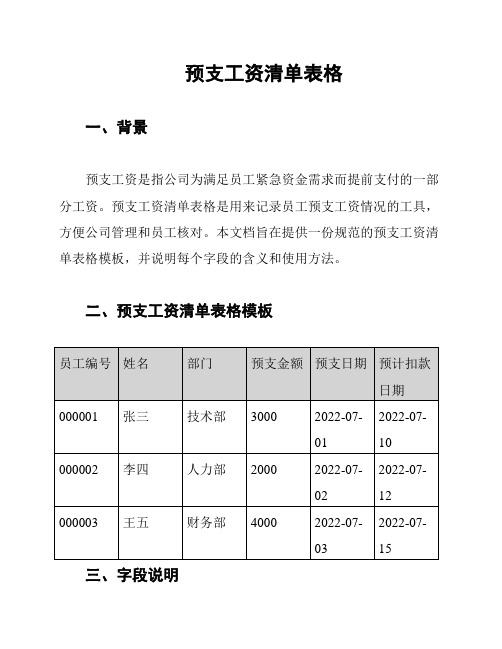 预支工资清单表格