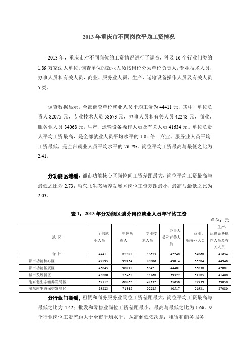 重庆市2013年不同岗位平均工资情况
