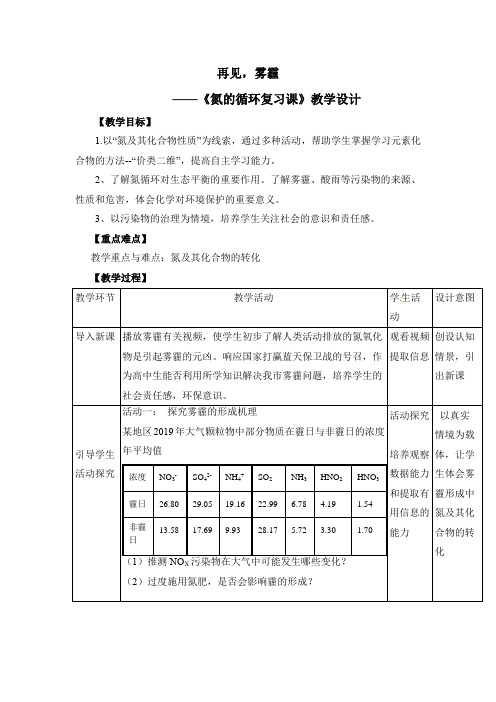 高中化学_氮的循环教学设计学情分析教材分析课后反思