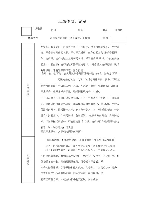 中四班体弱儿谌雅勤观察记录表格