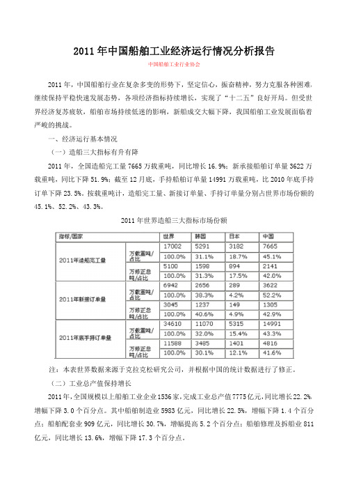 2011年中国船舶工业经济运行情况分析报告