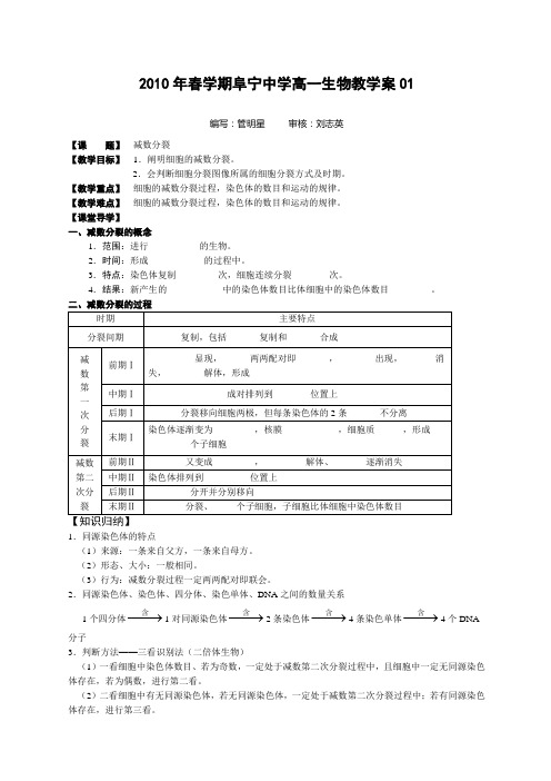 高中减数分裂教学案教案