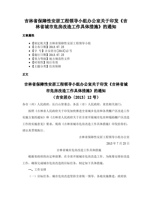 吉林省保障性安居工程领导小组办公室关于印发《吉林省城市危房改造工作具体措施》的通知