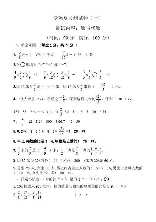 人教六年级数学上册专项试卷一数与代数