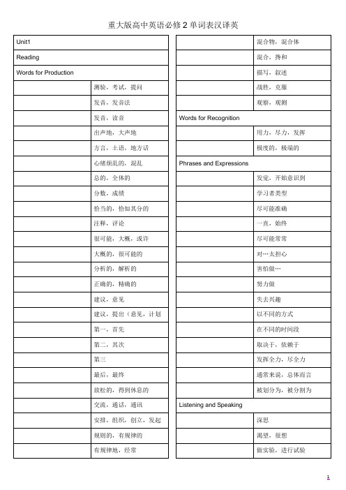 重大版高中英语必修2单词表汉译英