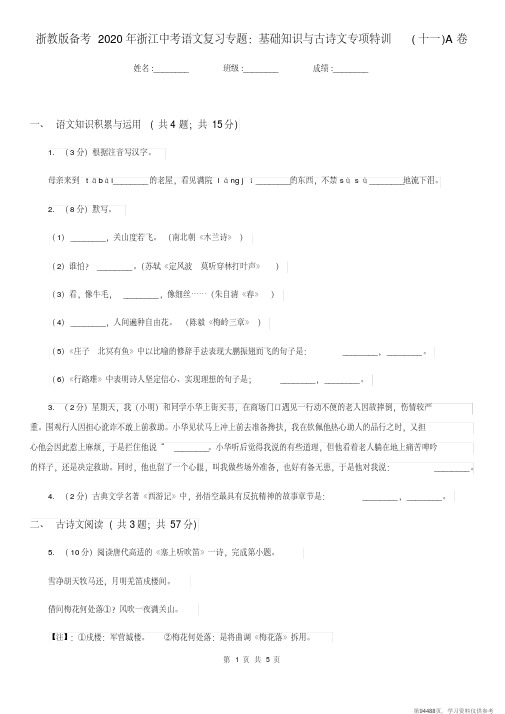 (精品文档)浙教版备考2020年浙江中考语文复习专题：基础知识与古诗文专项特训(十一)A卷