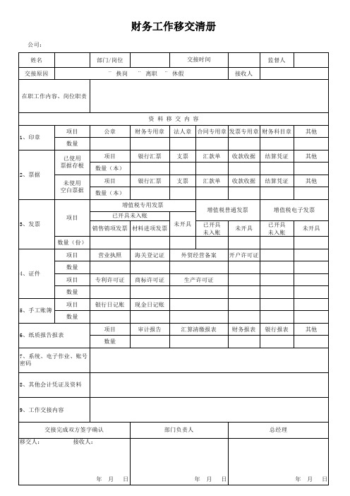 财务工作移交清册