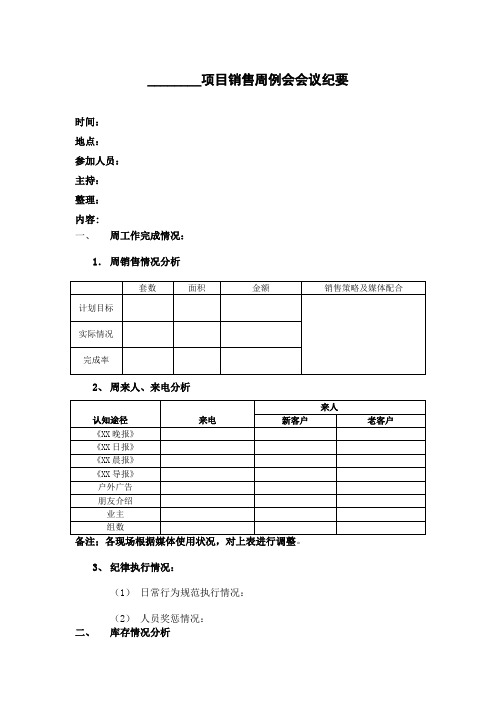 房地产集团项目销售周例会会议纪要(模板)