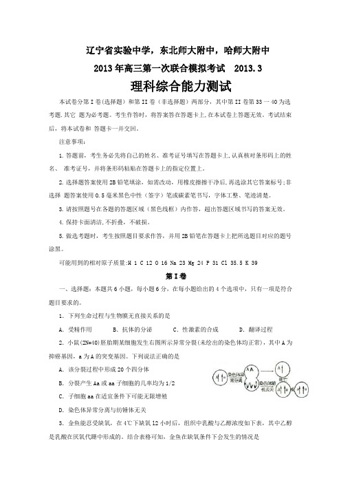 东北三校(辽宁省实验中学、东北师大附中、哈师大附中)2013届高三3月第一次联合模拟考试讲解