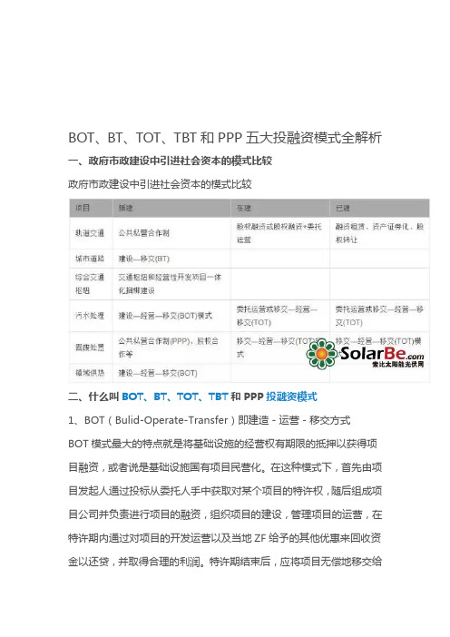 BOT、BT、TOT、TBT和PPP五大投融资模式全解析