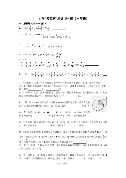 小学“希望杯”培训100题(六年级)及解析