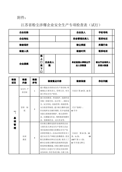 江苏省粉尘涉爆企业安全生产专项检查表(试行)