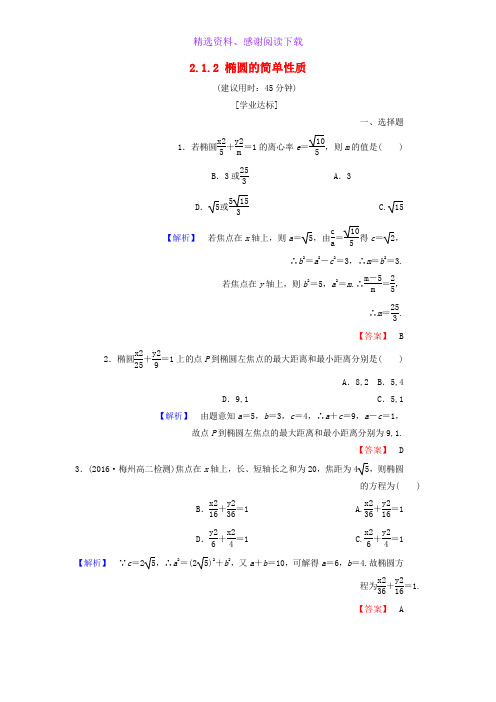 高中数学第二章圆锥曲线与方程2.1.2椭圆的简单性质学业分层测评含解析北师大版选修1_1