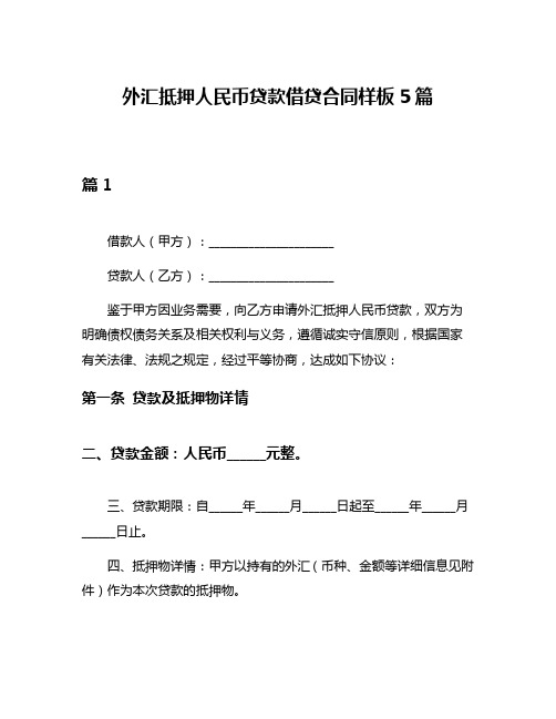 外汇抵押人民币贷款借贷合同样板5篇