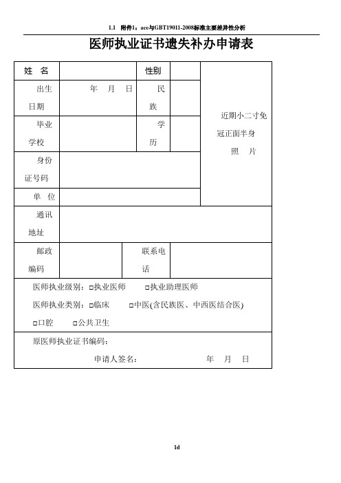 医师执业证书遗失补办申请表