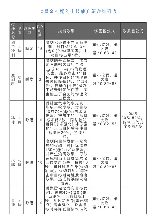 《黑金》魔剑士技能介绍详细列表