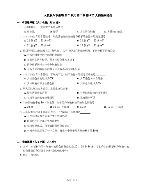 人教版八下生物 第7单元 第2章 第4节 人的性别遗传(含答案)