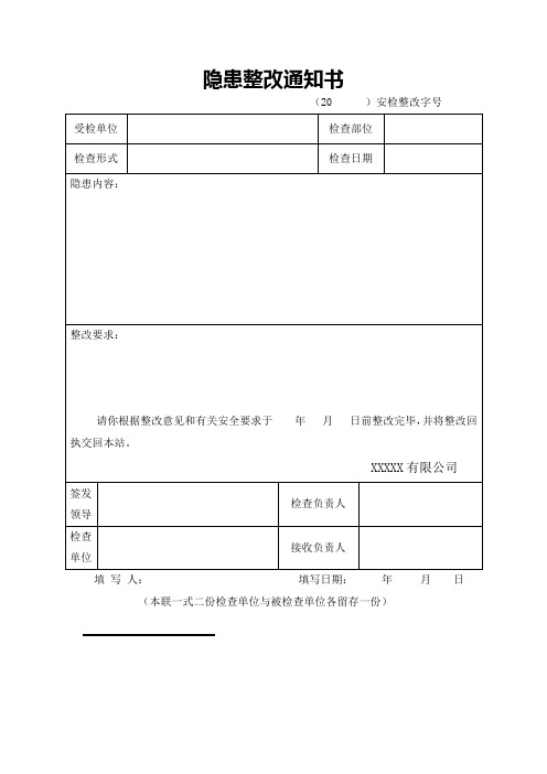 隐患整改通知书及配套隐患整改回执