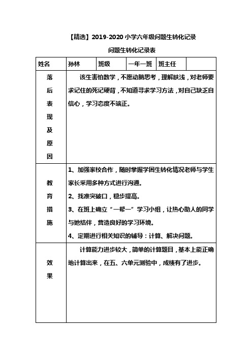 【精选】2019-2020小学六年级问题生转化记录