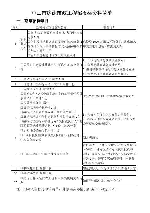 中山市房建市政工程招投标资料清单【模板】