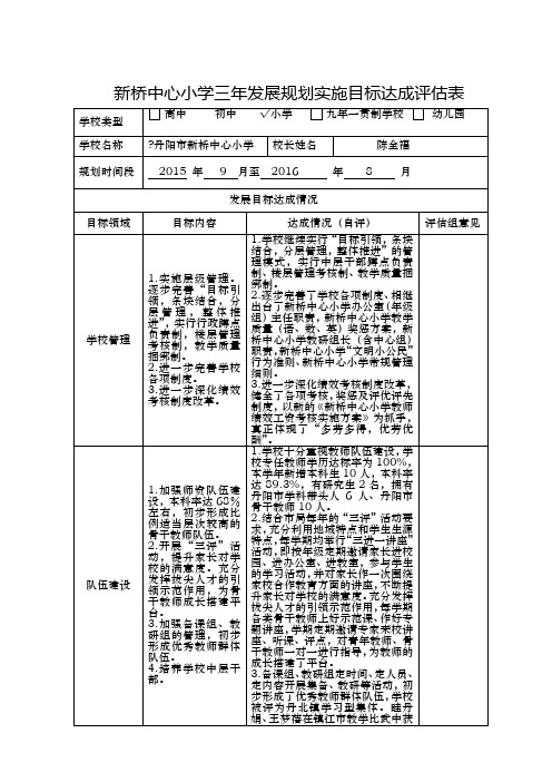 新桥中心小学学校三年发展规划实施目标达成评估表