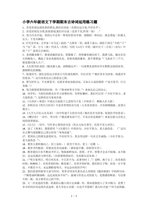 小学六年级语文下学期期末古诗词运用练习题答案