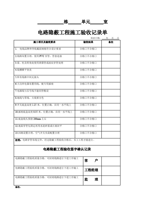 家装水电施工验收单