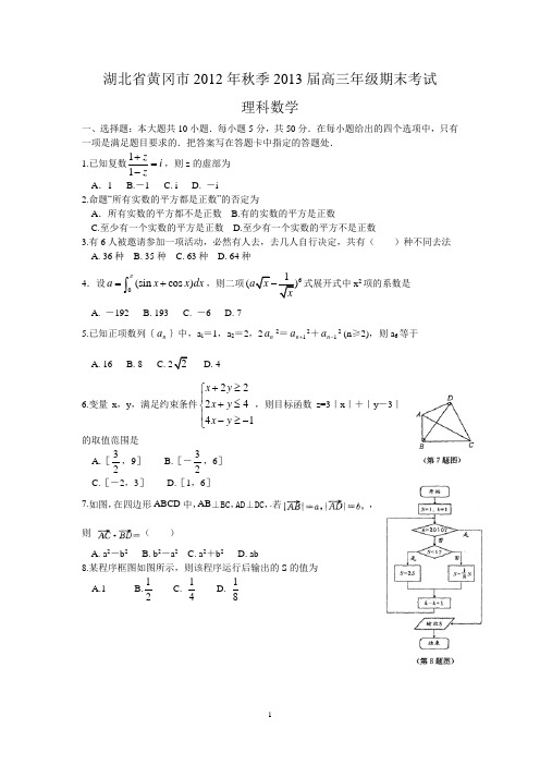 湖北省黄冈市2012年秋季2013届高三年级期末考试理科数学试题