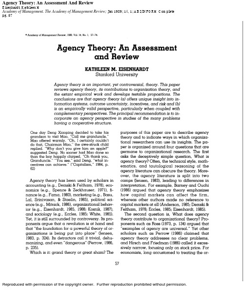 Eisenhardt, K. M. (1989) Agency Theory Review