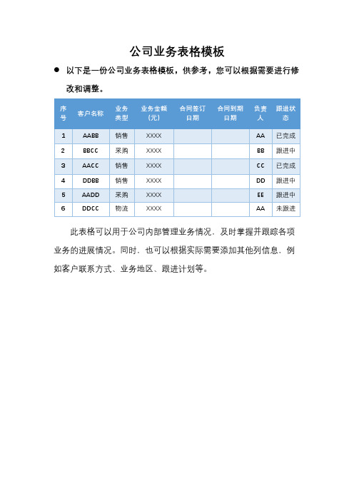 公司业务表格模板