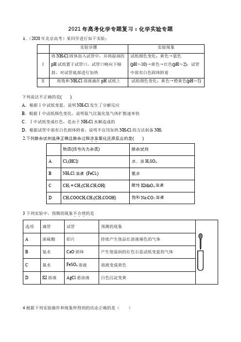 2021年高考化学专题复习：化学实验专题