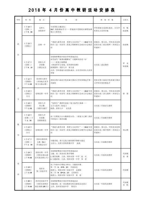 2018年4月份高中教研活动安排表-贵州大学附属中学