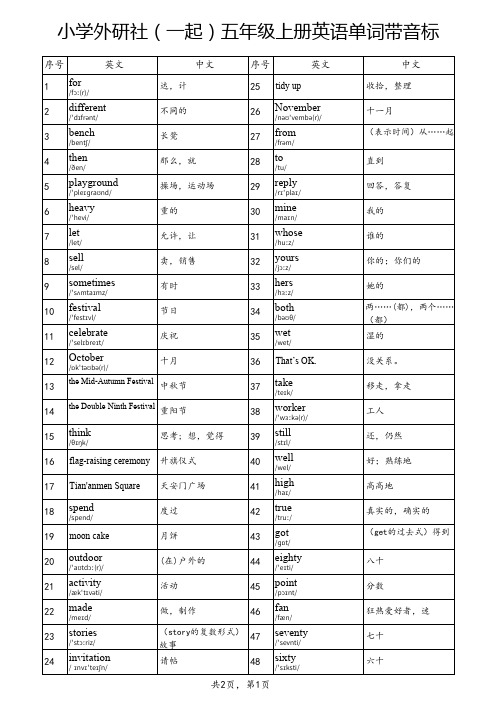 小学外研社(一起)五年级上册英语单词带音标