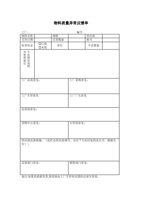 物料质量异常反馈单